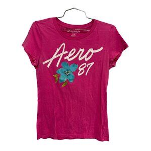 Y2K Aeropostale Graphic TShirt Size Large Hot Aero 87 Short Sleeve Floral Cotton